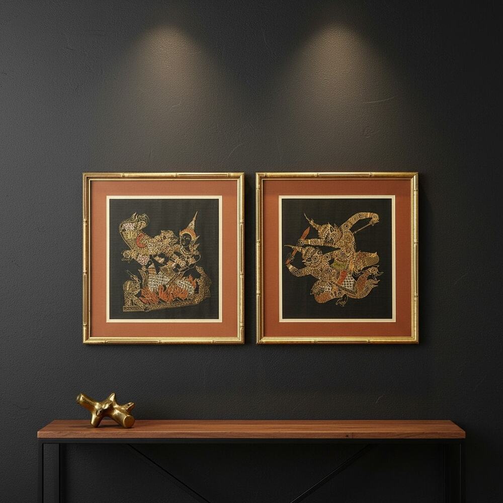 Vintage Thai Silk Paintings-Pair-Ramakien-Thailand Framed Asian Art-Mythology